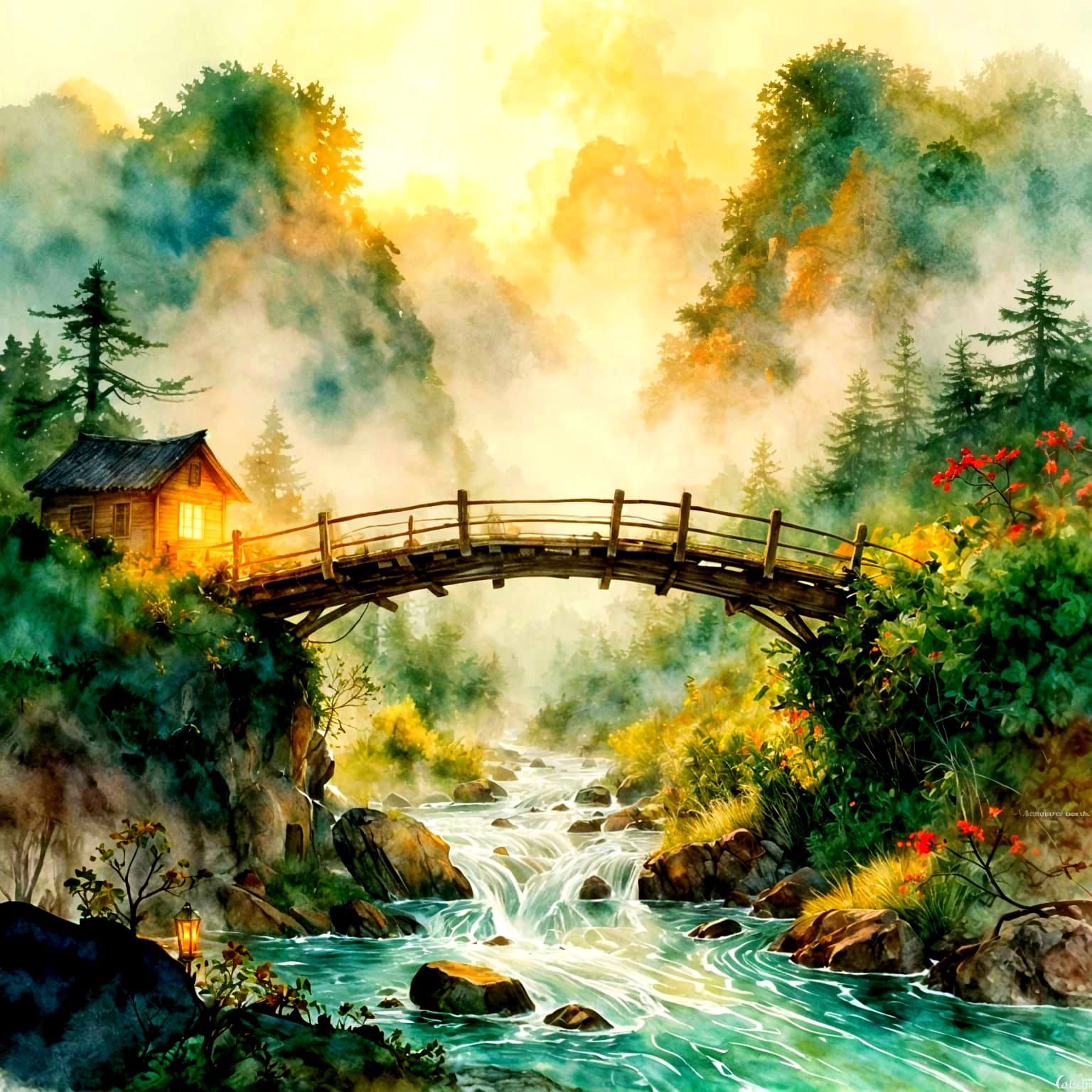Enchanting Watercolor Fantasy Bridge Over Rushing Stream
