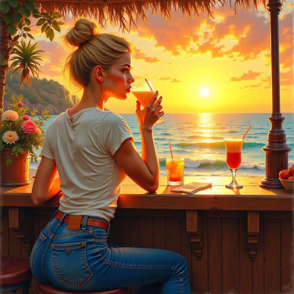<lora:Juggernaut Art  Flux:1.0> Stunning  womam,blonde hair, bun, jeans, t-shirt,  bar, drinking juice, sunny sunset, sea