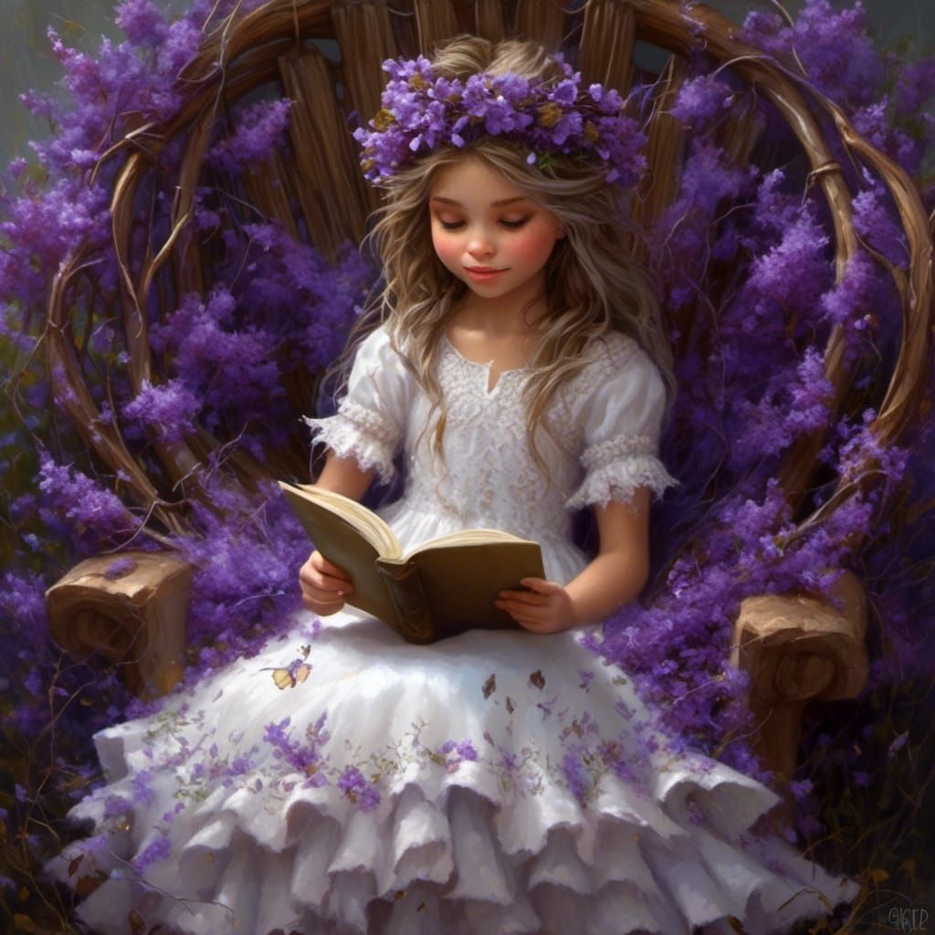 Woolen Girl Reads in a Purple Flower World