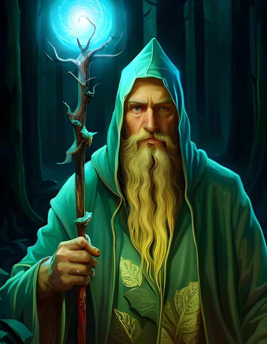 “portrait of forest wizard in forest!!! magic staff!!! long beard ...