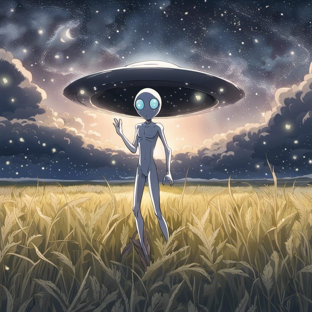 Grey alien standing in a field waving hello, ufo flying overhead, starry  filled night sky, by artist 