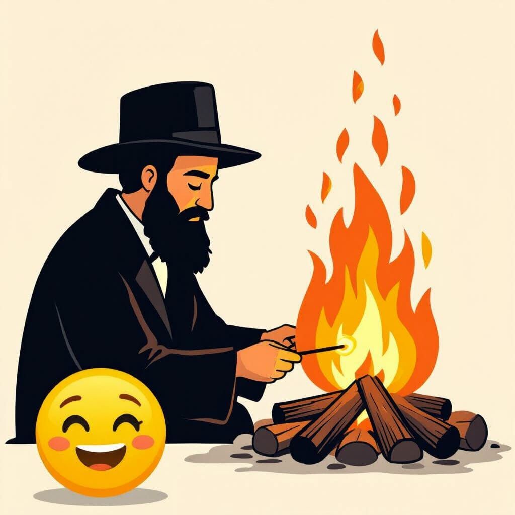 Haredi Man Emoji Lighting Bonfire in Minimalist Style
