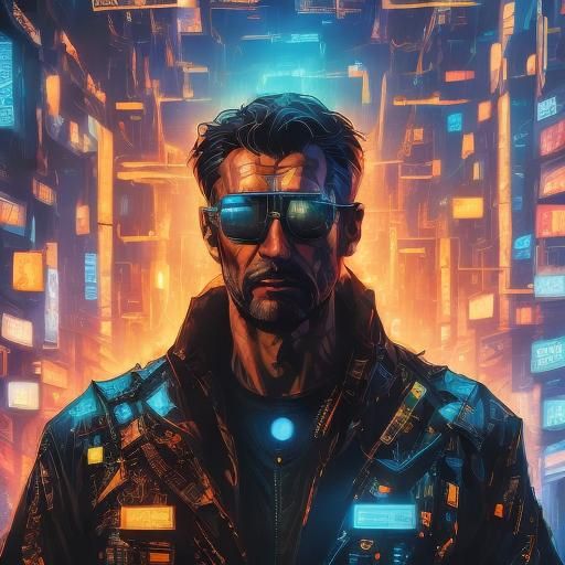 <lora:AniMidJ:1.0> <lora:Macro v1:1.0> <lora:Murraypunk SD15:1.0> Cyberpunk, hipster, man, flowing vibrant light clothing, head and shoulder...