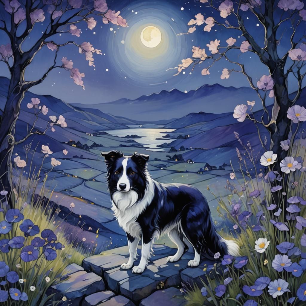 Border Collie in Dreamy Blue Landscape, Anime Style