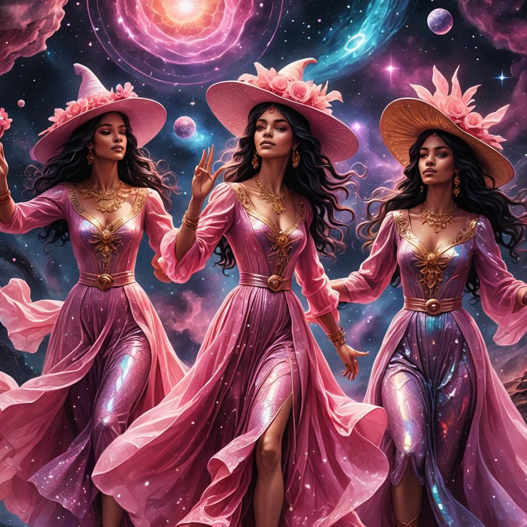 Três mulheres usando chapéus de bruxa rosa dançando em volta...
