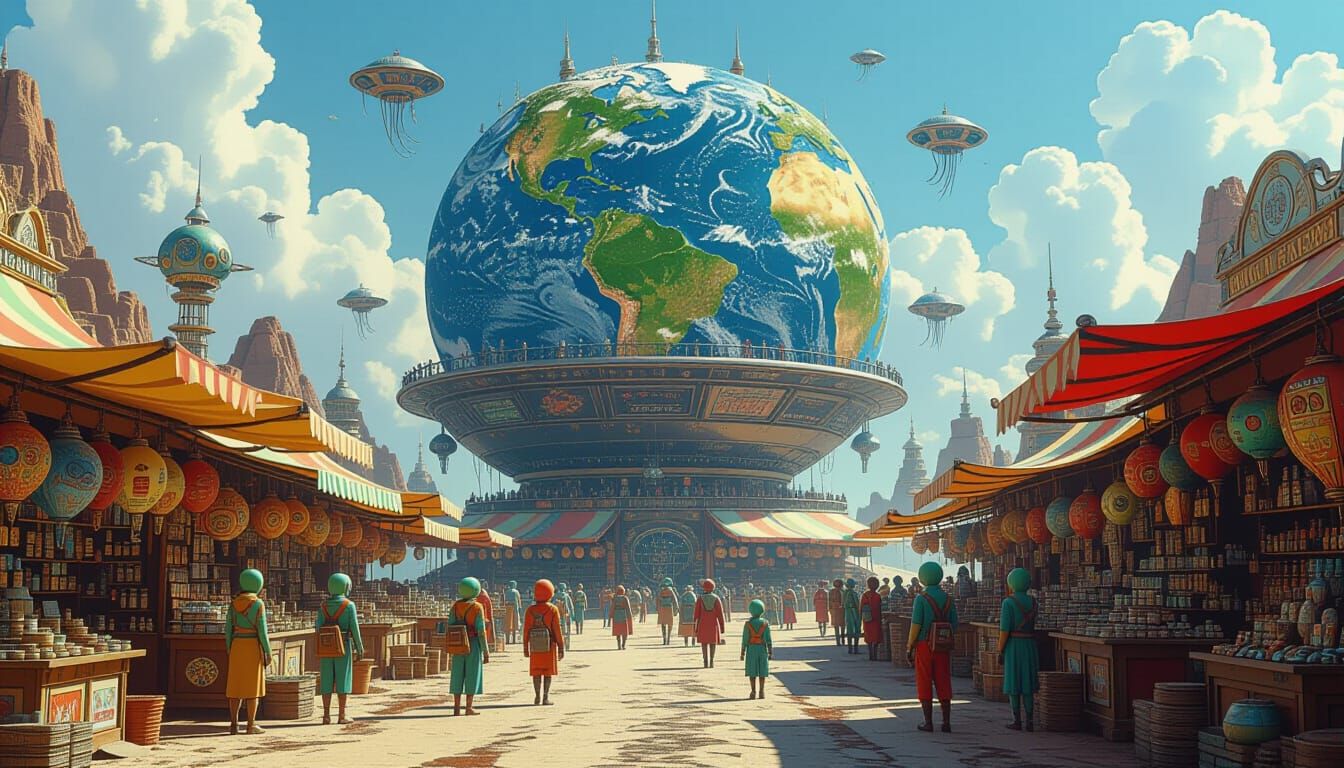 an alien marketplace covering an entire miniature planet, with colorful stalls and many different kinds ...  by @Monkeypasta