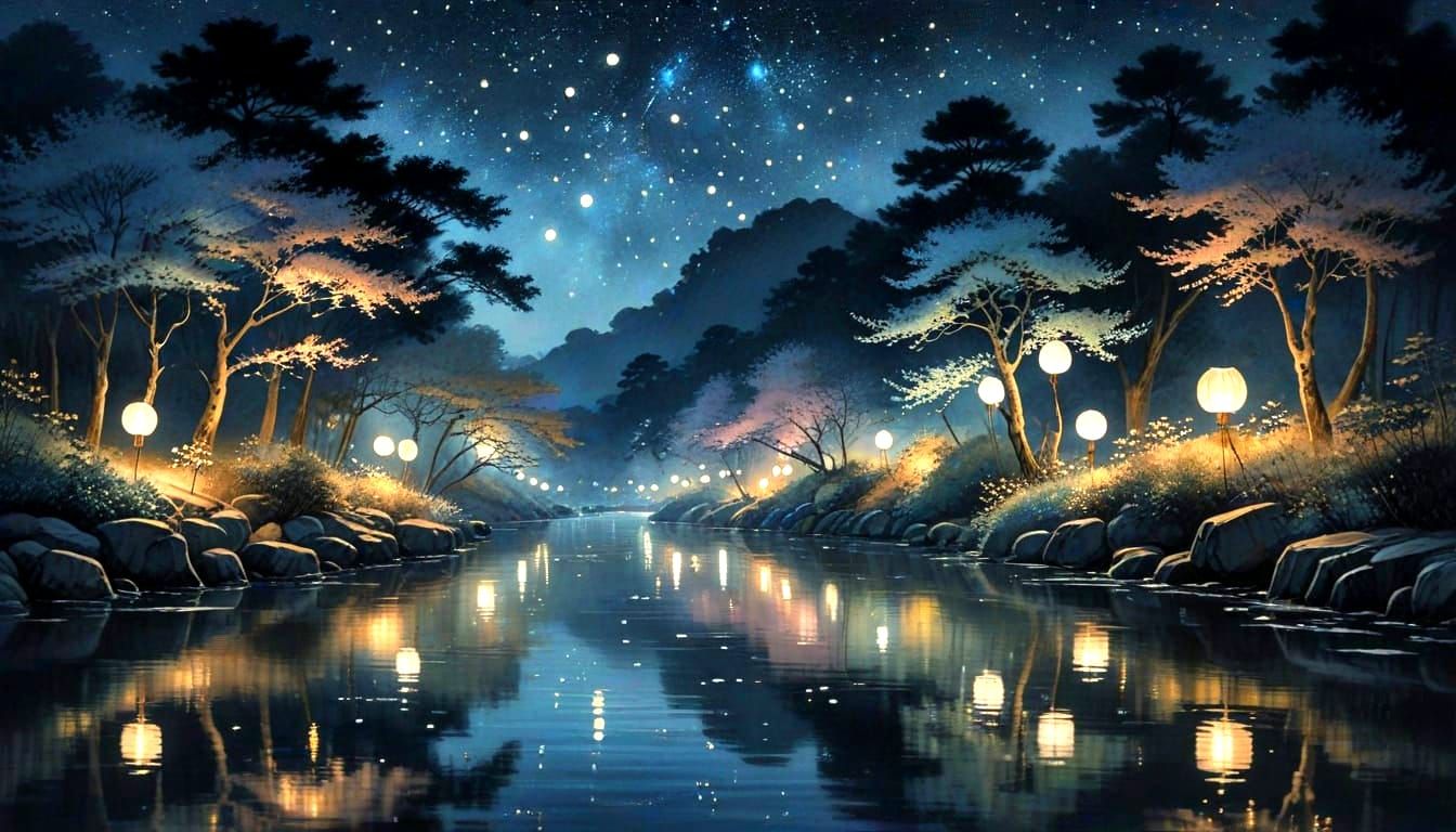 A serene river flows gently under a star-filled night sky, with countless glowing paper lanterns released ...  by @keith