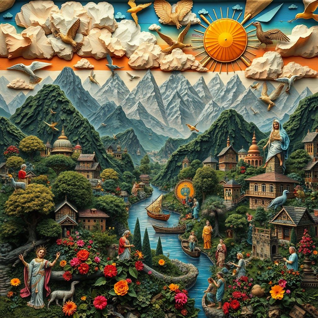 3D relief newspaper mosaic collage art landscape