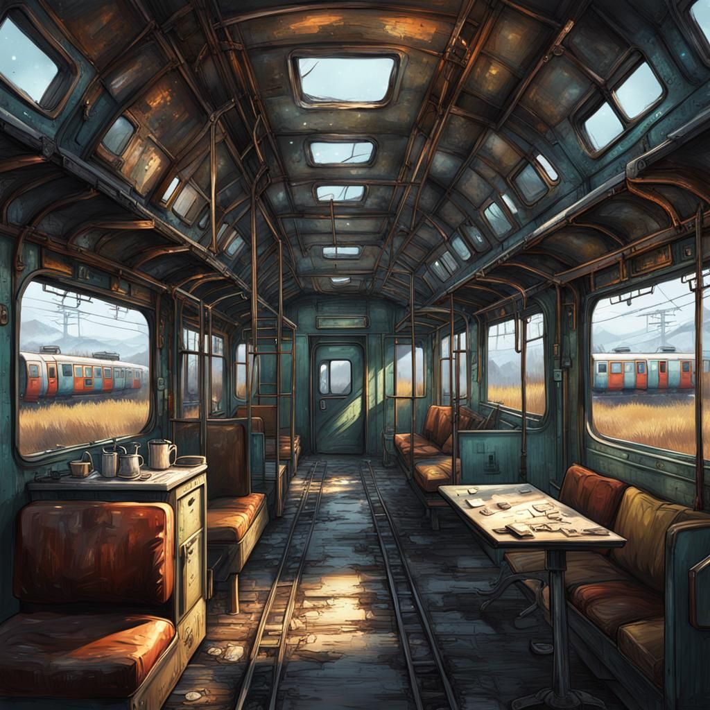 Post apocalyptic camp shelter, train carriage - AI Generated Artwork ...