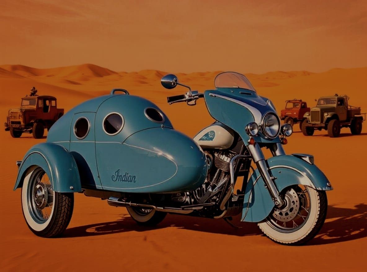 Indian motorcycle with a totally covered sidecar