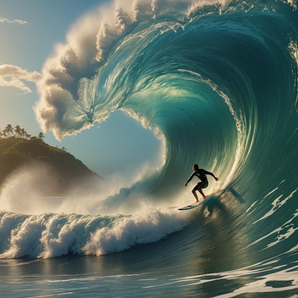 Surfer Riding Massive Wave Tunnel in Digital Art