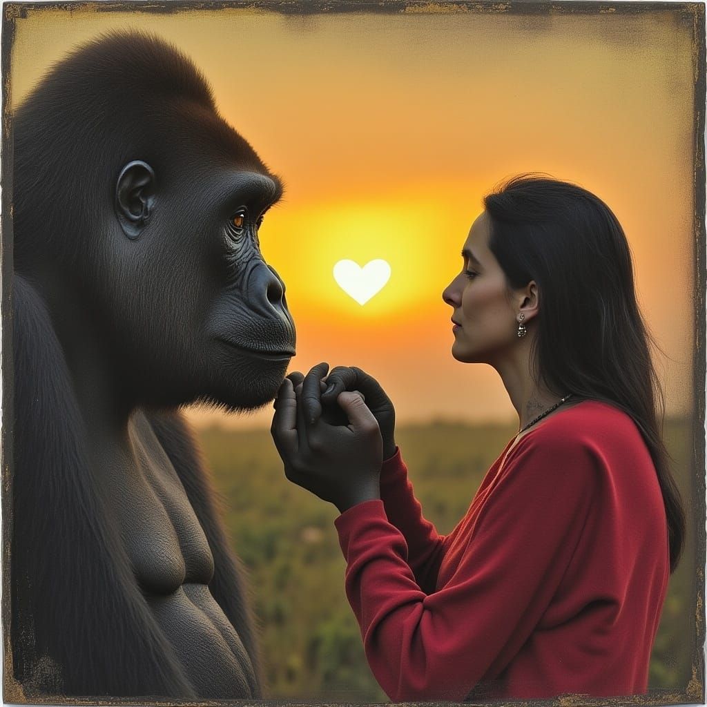 <lora:Heart Work:1.0> Older woman holding the hand of a large gorilla at sunrise Heart 