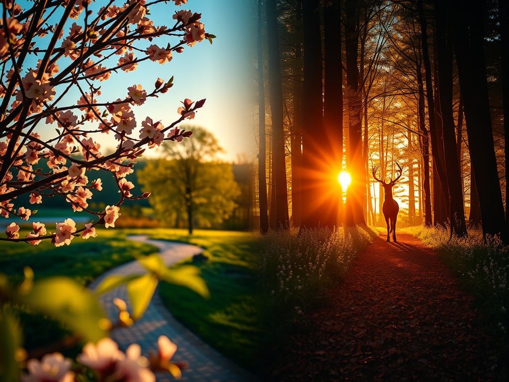 Double exposure. A beautiful idyllic spring landscape with blossoms about to blossom and sunny rays. ...  by @Cille 