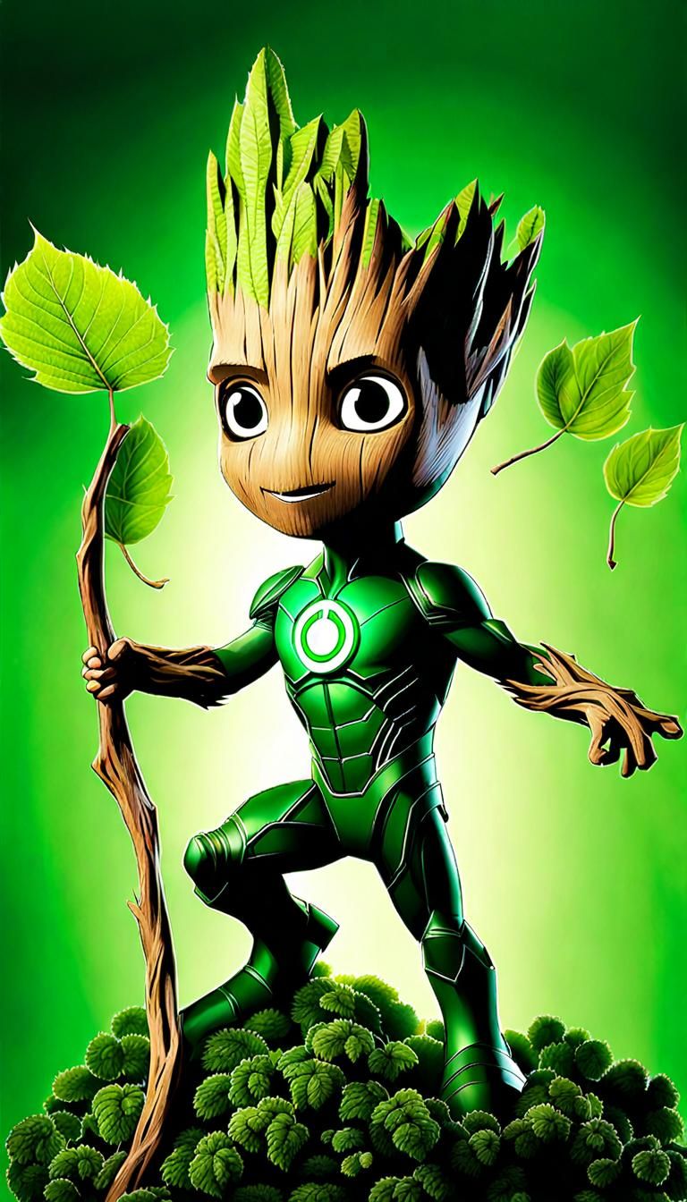 Studio Photograph of Groot as a Green Lantern, Groot with leaves.  by @SteveCampsOut