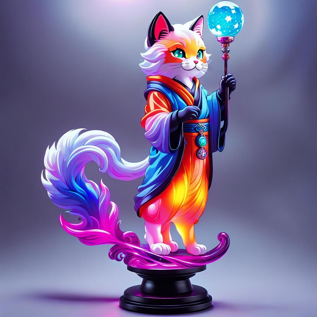 Enchanting Feline Fantasy: Hand-Blown Glass Anime Persian Cat with Glowing Wand