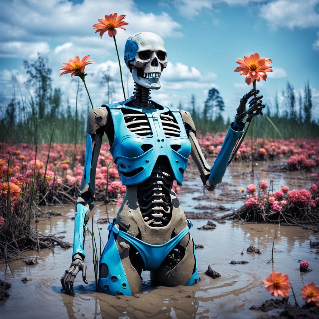 killer robot skeleton female in bikini in the mud swamp with...