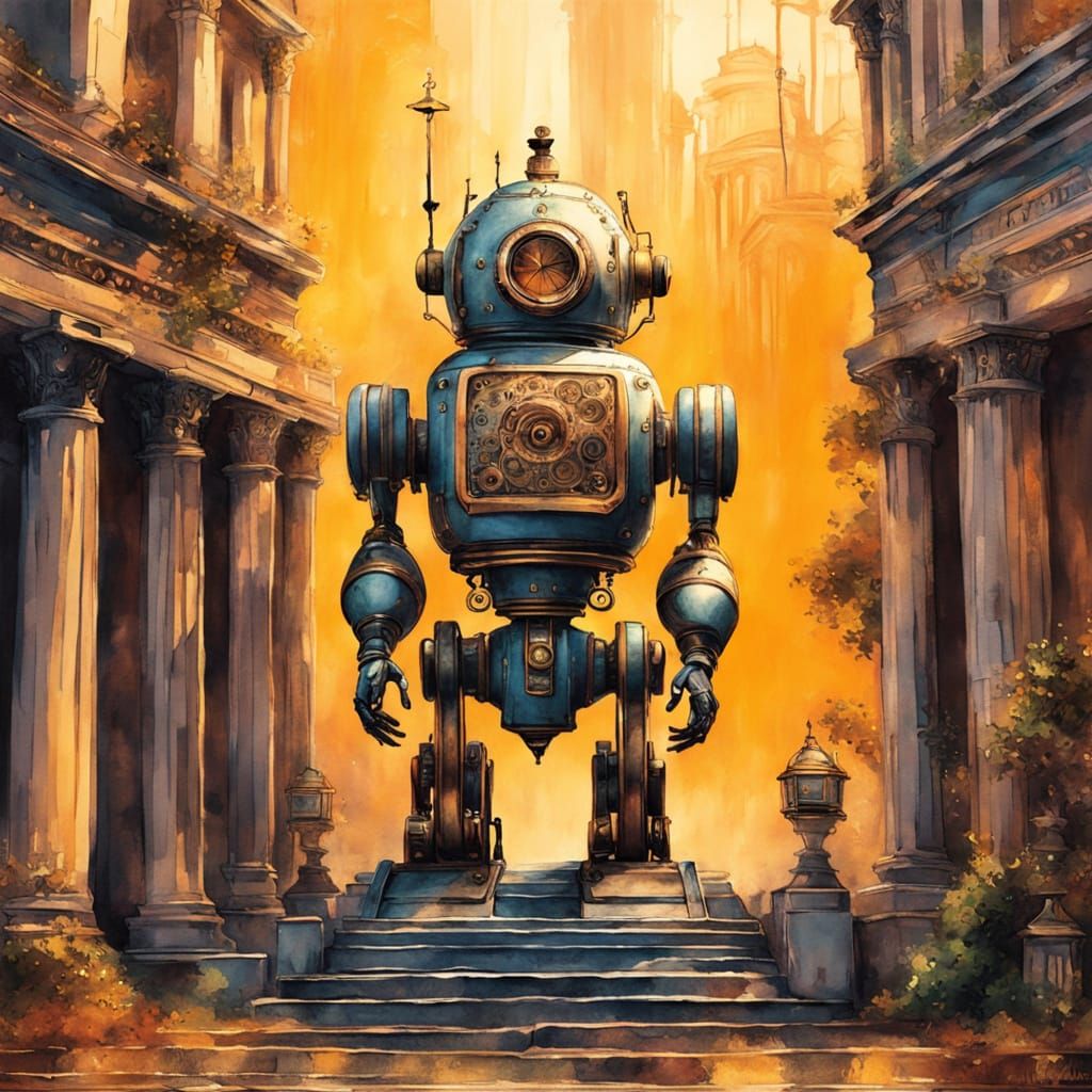 In the Parthenon, Close up of a retro 1950's toy robot wearing a dress on a Roman street. updated to ...  by @So Confused 