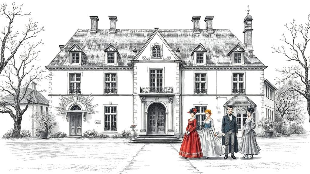 Croquis dessiné au crayon graphite d'un manoir classique, avec des toitures en métal doré et des arbres ...  by @DD3D