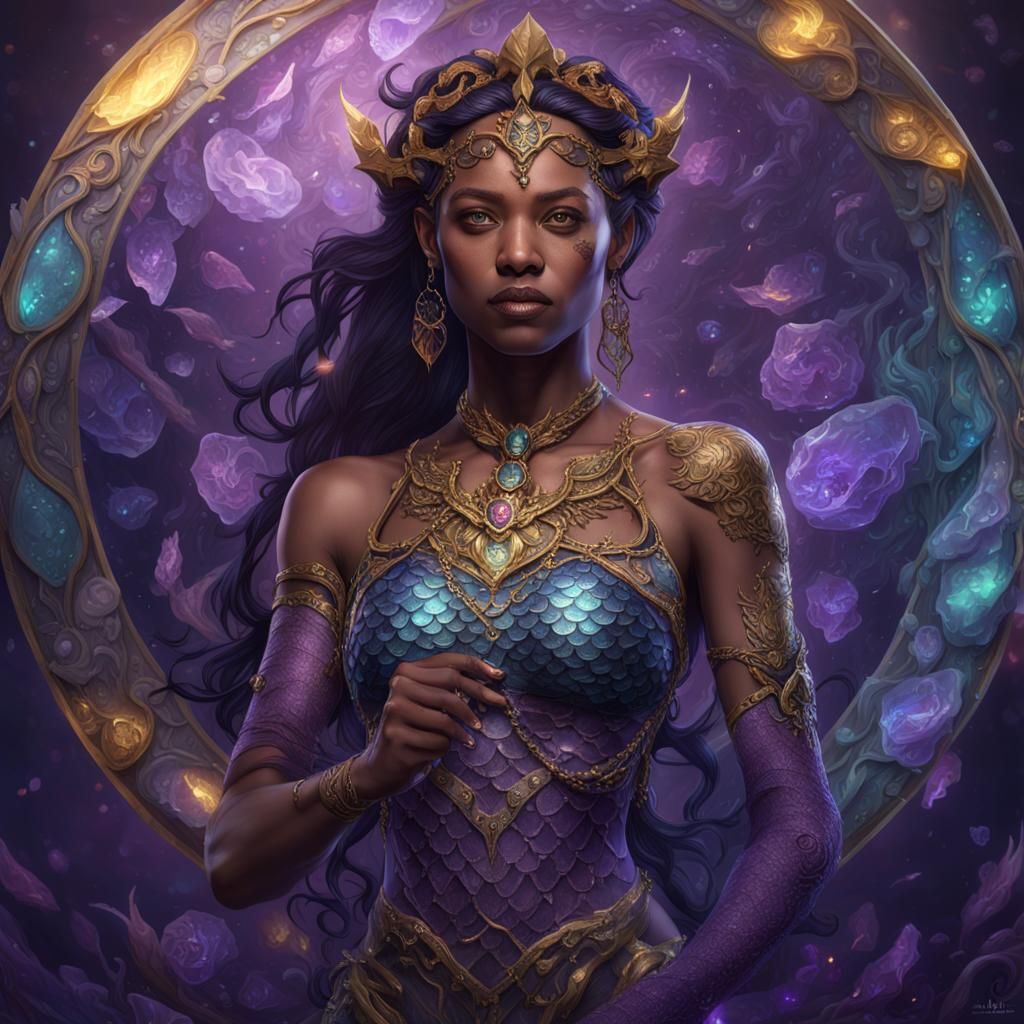 A woman with a large crystal tattoo on her body with scales ...