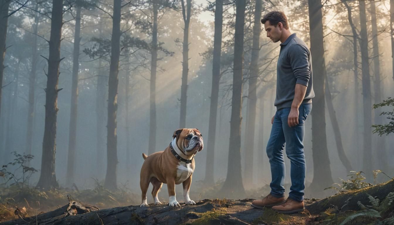 Detailed matte painting, medium shot, man standing with dog in forest