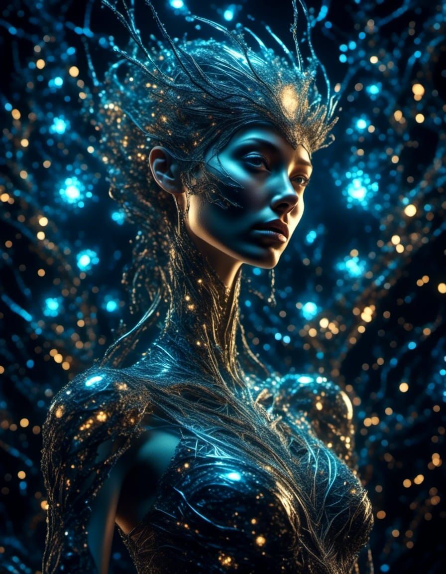 Bioluminescent DNA Woman in Cosmic Art Nouveau Style