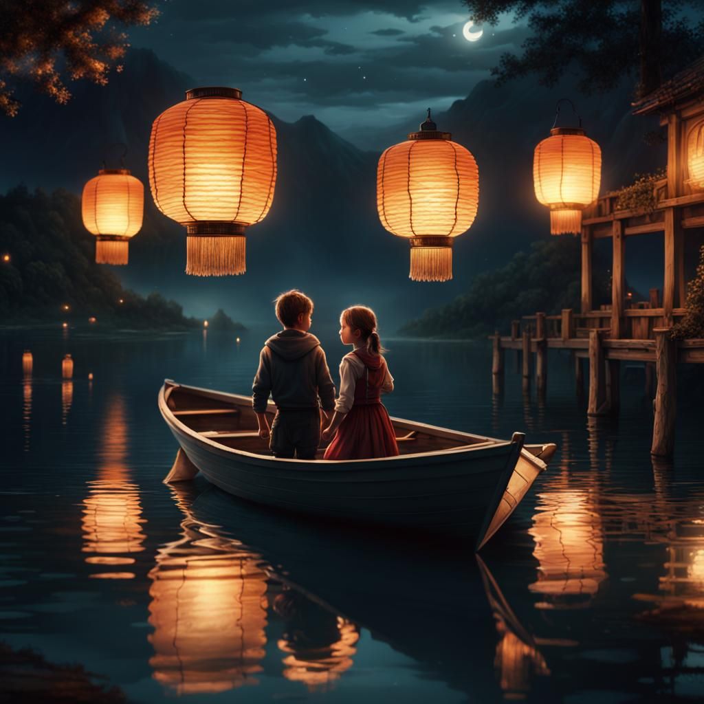 a girl and a boy in a boat in a lake a night with lanterns a...