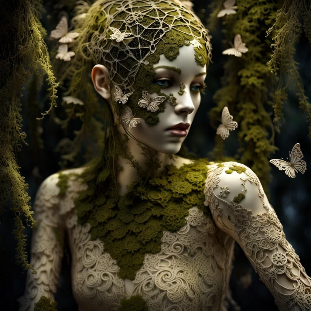 a rotting forgotten broken mannequin, covered in delicate filigree ...