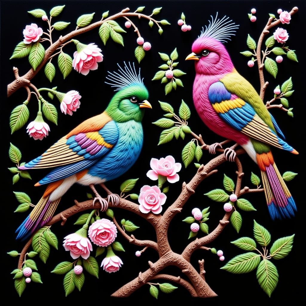 <lora:Lace:1.0> Brightly coloured birds on a cherry blossom branch against a dramatic black background, intricately detailed lace applique e...