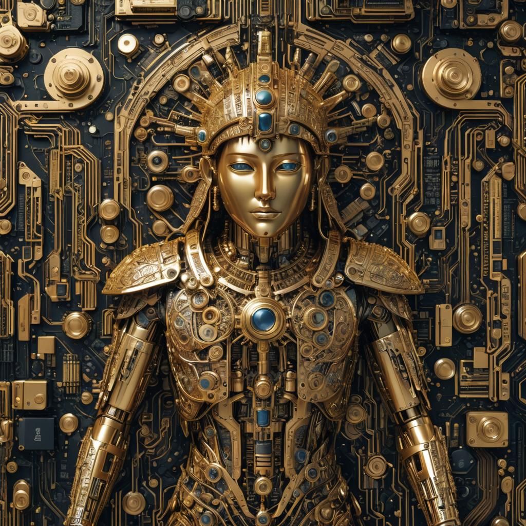 Pharo Tutenkamun constructed of computer motherboard pattern...