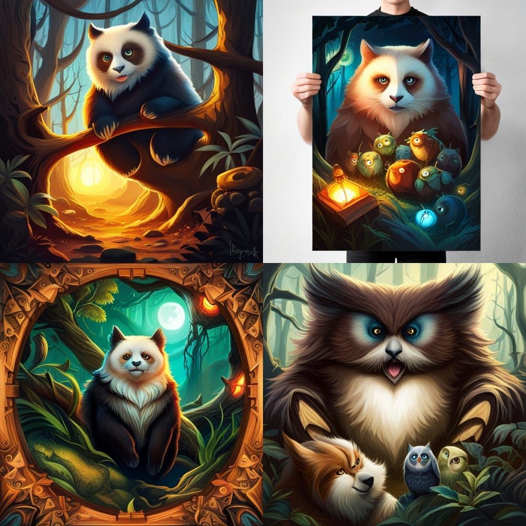 SDXL: ragdoll panda owl in an ancient forest