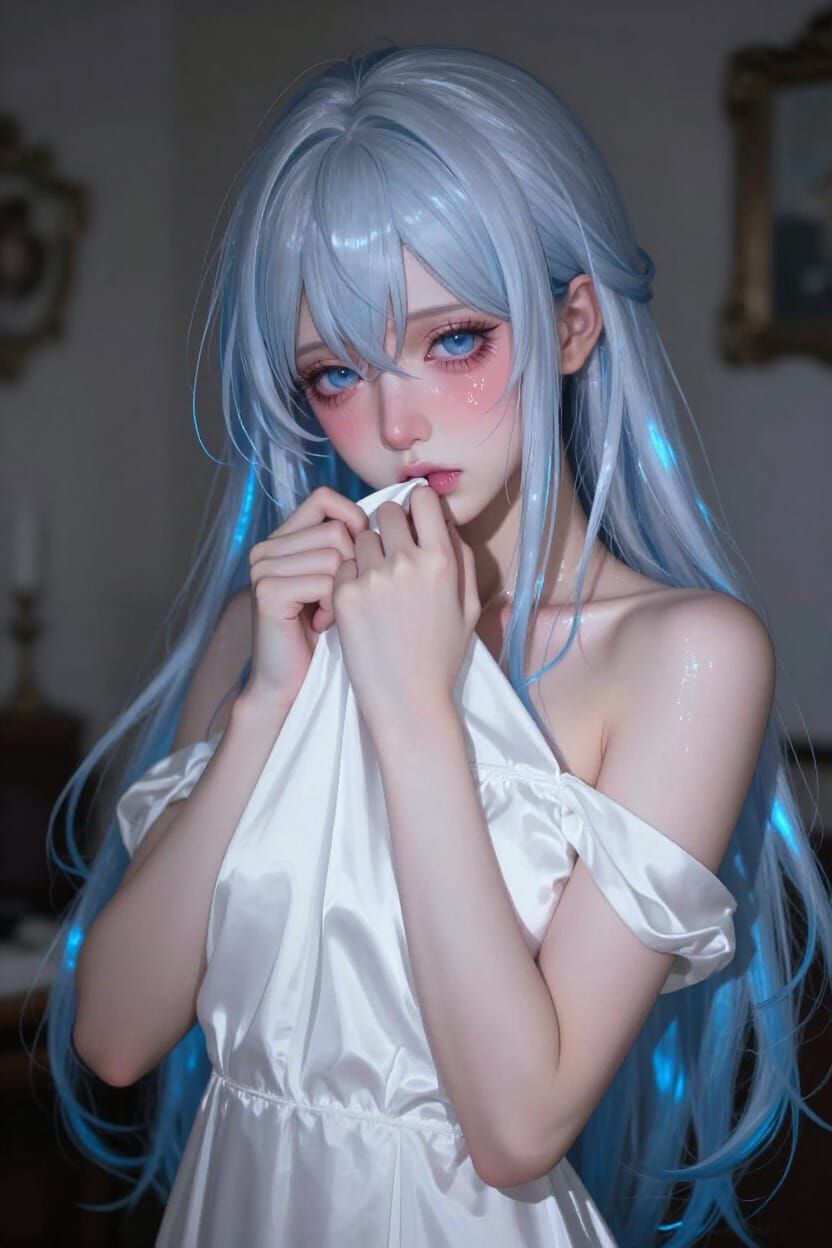 Anime Girl With Silver-Blue Hair Clutching Dress