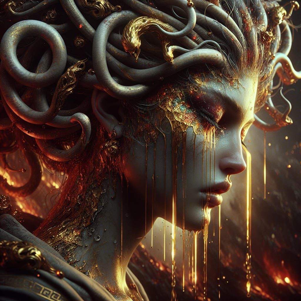 Medusa crying tears of gold. Wearing greek chiton  by @Luna