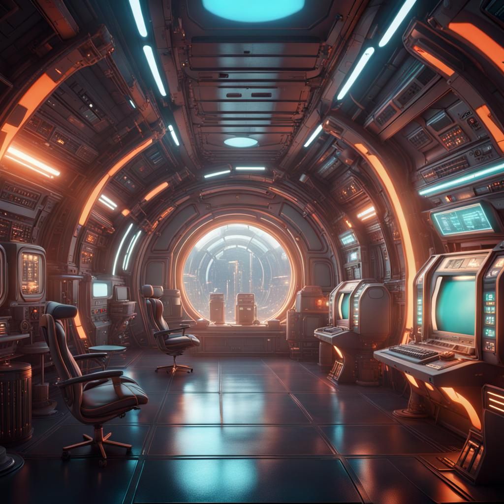 Inside décor in futuristic space station 