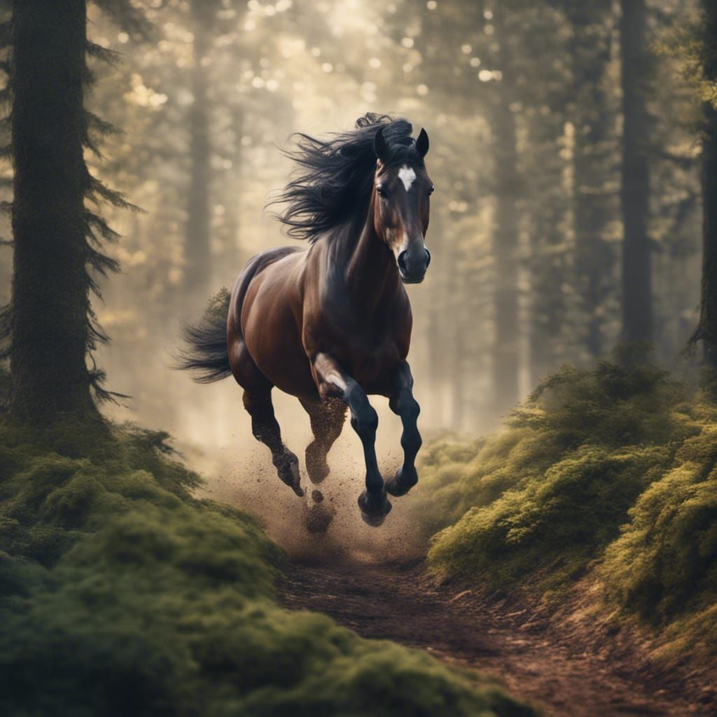 Beautiful horse running through the forest
