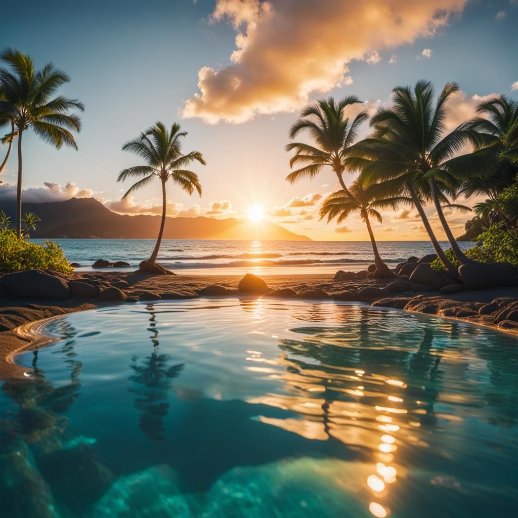 An incredibly detailed and beautiful sunset at the beach in Hawaii, seen from the perspective of someone lying in a pool having a cocktail,...