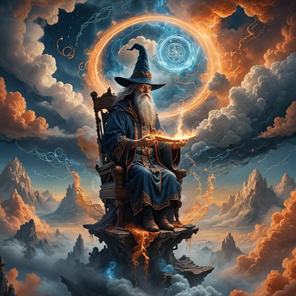 Wizard on Floating Chair Amidst Mystical Clouds