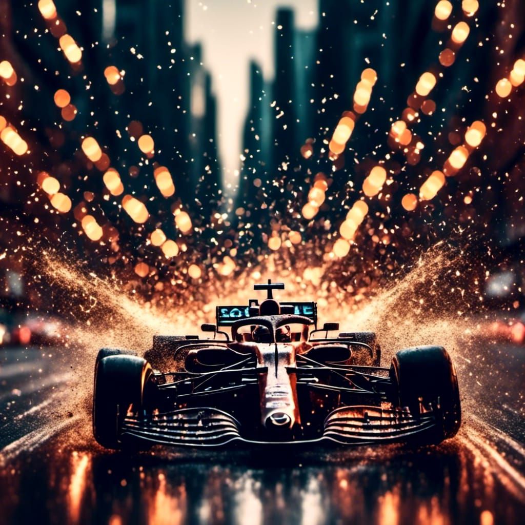 A massive Matchbox race, extreme action shot, tight corners in a cityscape racetrack, intense high-speed action, flying tire particles, flyi...