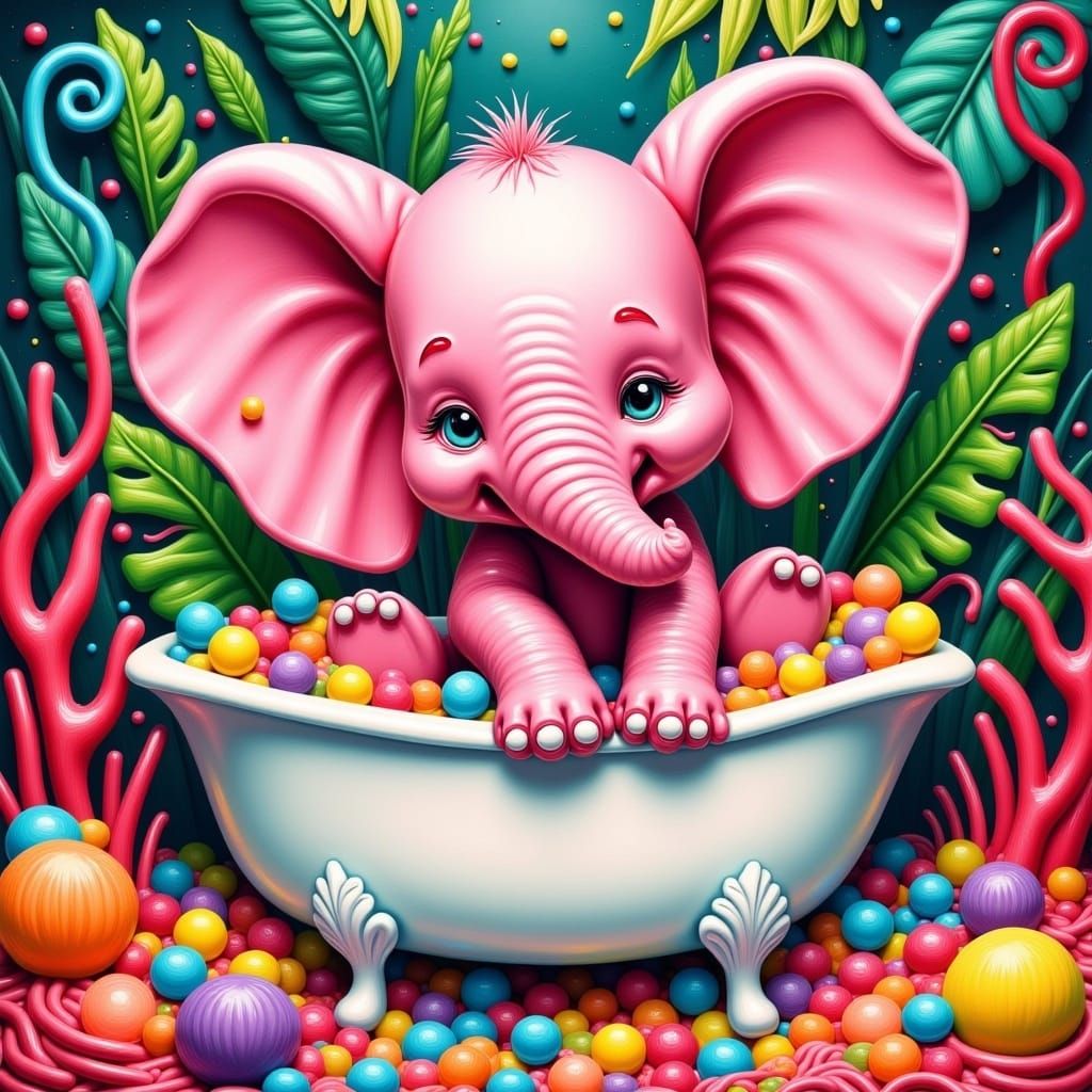 <lora:Candylike:1.0>A cute, naughty pink elephant is bathing in a porcelain bathtub full of different and colorful candy in the jungle. 