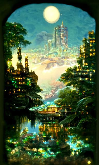 The forest city in the summer night under the moonlight with...