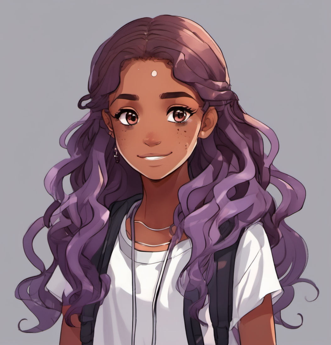 Anime teen girl, long wavy shades of purple hair, smiling