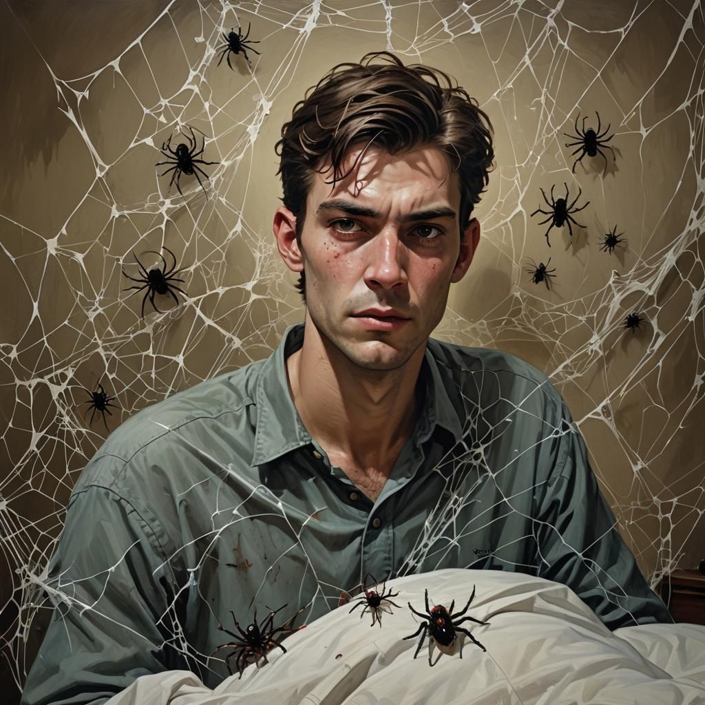a young man about 25 years old. spiders crawling out of his right ear