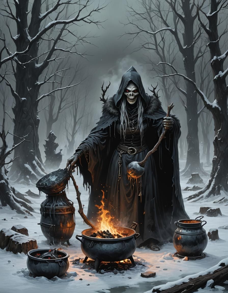dark gothic winter ice hag witch cauldron cooking horror AI Generated