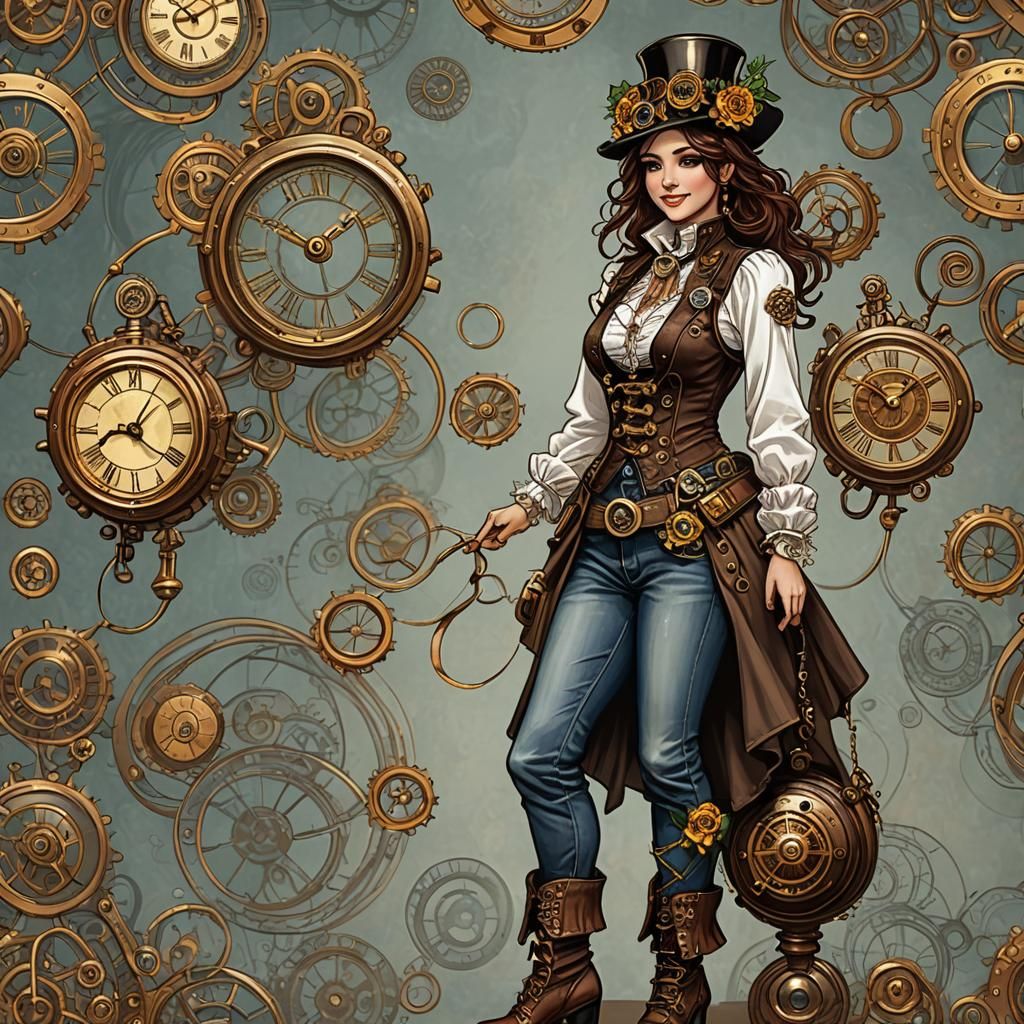 um mulher steampunk 30 anos feliz e sorridente dentro de uma...