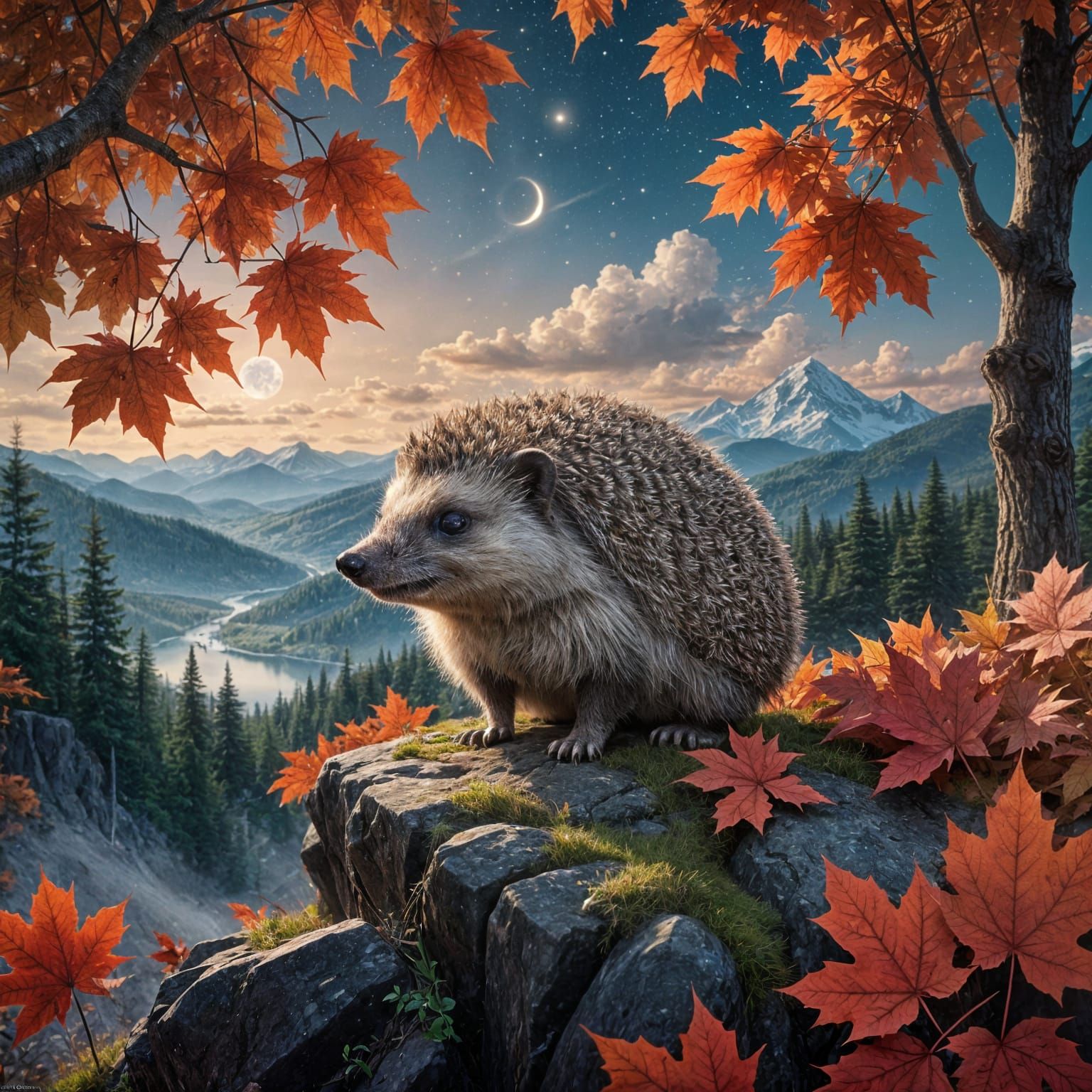 A hedgehog in red maple leaves,   by @Tilted25