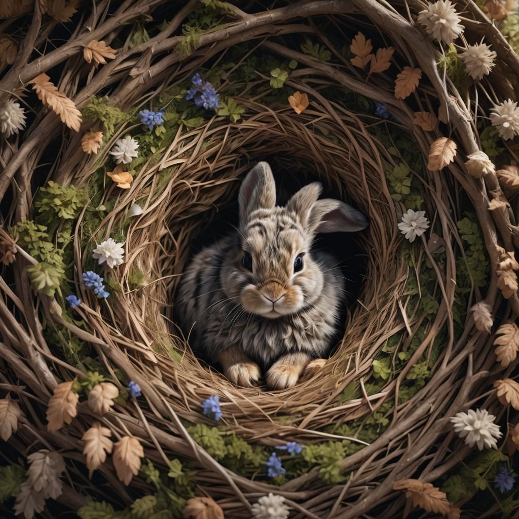 Beautiful baby bunny sleeping in a nest of soft fur