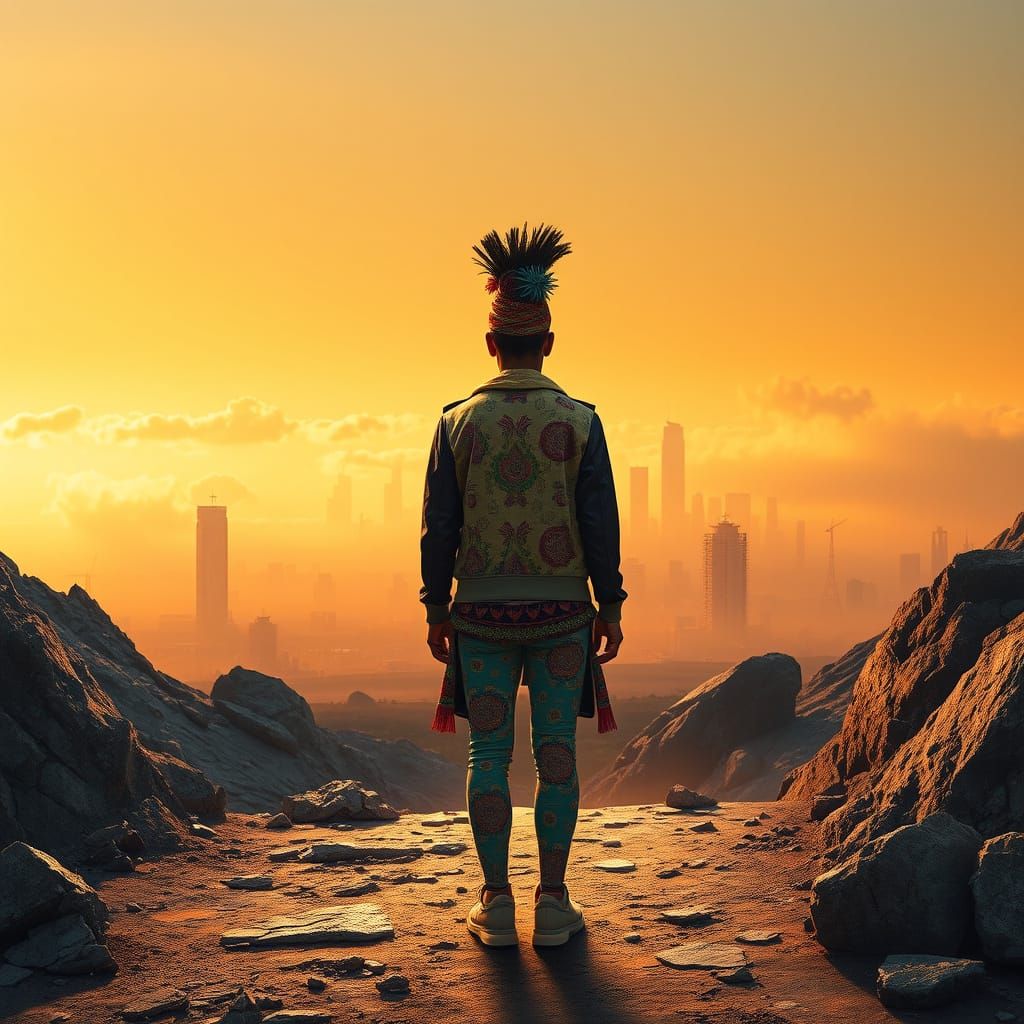 A figure stands at the edge of a vast, divided landscape, with one side representing the constraints of collectivism and the other the freed...