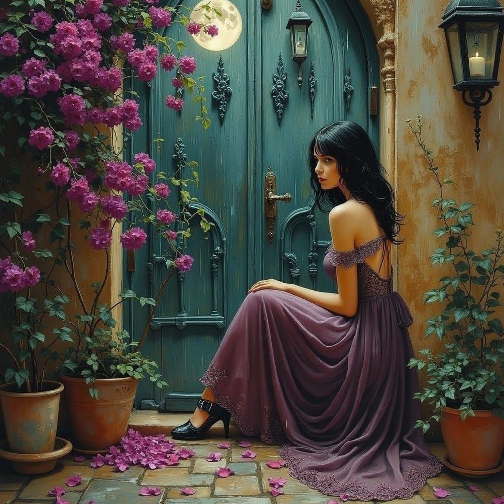 <lora:THICK PAINT FLUX:1.0> thick paint,oil painting, a beautiful dark haired woman posing in Granada, Alhambra, night,full moon, reflection...