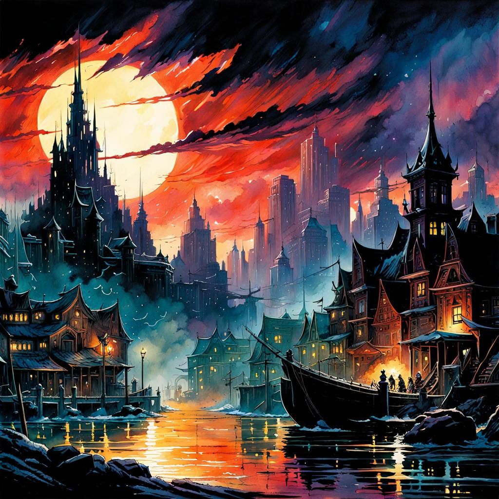 Nighttime fantasy cityscape.  by @Captn Cutlass