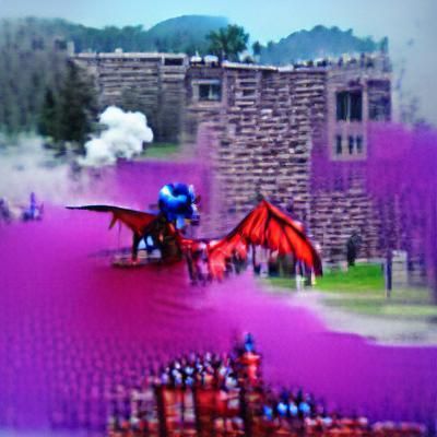 purple dragon breathing hot red acid with drool dripping from its mouth.There are soldiers with armor and swords trying ...
