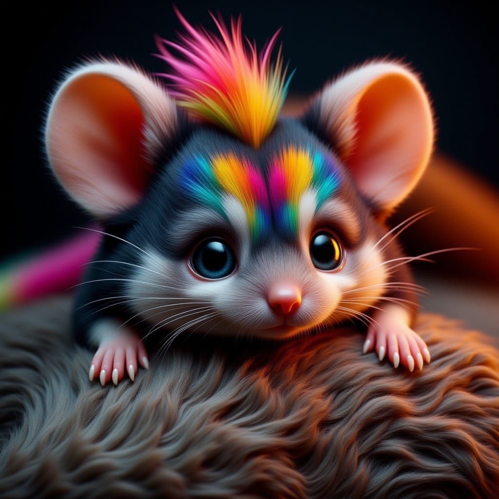 <lora:-Mixperiment Pi-:1.0>  multicolor fluffy chibi mouse  with a mohawk and rasta hair, tribal tattoos, lying on on a cat's head, shot on...